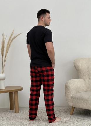 Домашня піжама для чоловіків cosy із фланелі (штани+футболка чорна) червоно/чорні2 фото