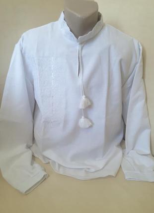 Мужская рубашка вышиванка лен белая вышивка для пары family look 42 - 60