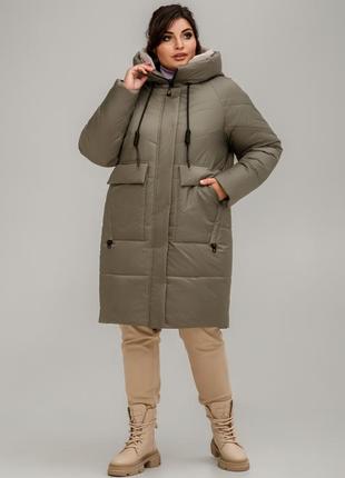 Стильная теплая зимняя куртка пальто стеганое с капюшоном матовые большие размеры1 фото