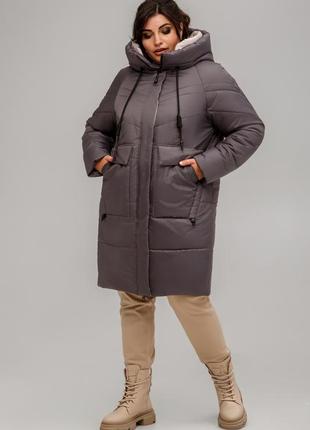 Стильная теплая зимняя куртка пальто стеганое с капюшоном матовые большие размеры