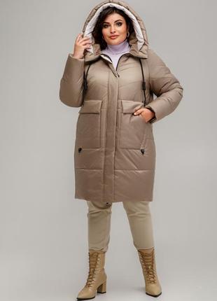 Стильная теплая зимняя куртка пальто стеганое с капюшоном большие размеры9 фото