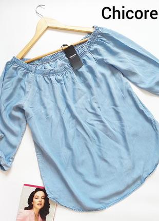 Жіноча джинсова блуза на резинці, тримається на плечах вільного крою, рукава на зав'язках від бренду chicoree1 фото