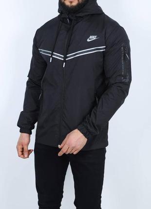 Мужская чёрная ветровка куртка nike tech fleece с капюшоном чорна чоловіча вітровка nike tech fleece