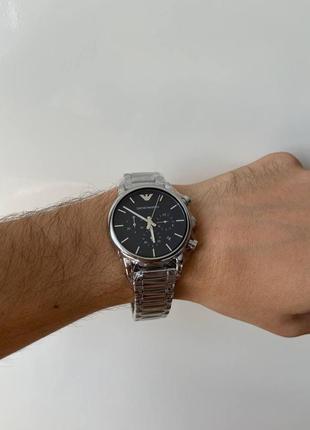 Сріблястий металевий чоловічий годинник з чорним циферблатом emporio armani ar18531 фото