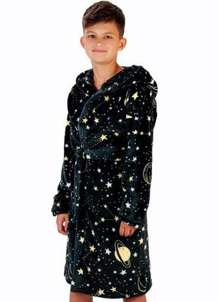 Подростковый теплый махровый халат велсофт, плюшевый банный халат с поясом космос, звезды, планеты, махровый халат6 фото