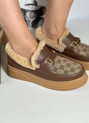 Лоферы туфли с мехом натуральные кожаные коричневые бежевые брендовые