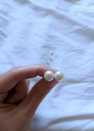 Срібні пусети з прісноводними перлами 9мм, перлинні сережки, сережки з перлами5 фото