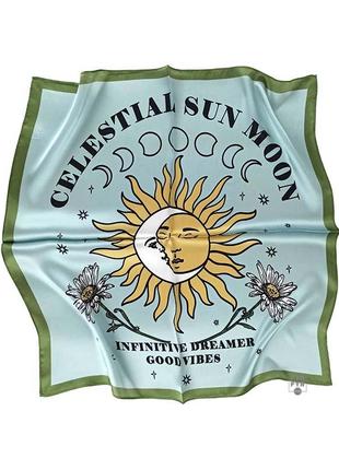 Маленький шелковый платок 53*53 100% шелк натуральный с солнцем и луной зеленый новый