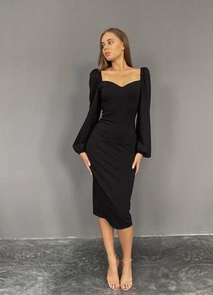 Женское черное элегантное платье меди с длинными рукавами модное базовое лето тренд 20232 фото
