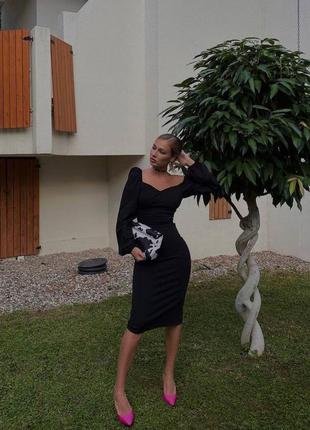 Жіноче чорне елегантне плаття міді з довгими рукавами модне базове літо тренд 20235 фото