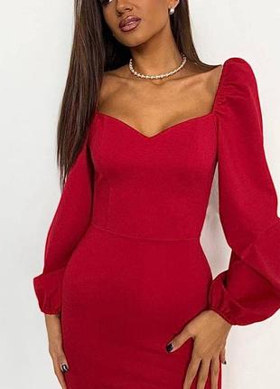 Женское красное элегантное платье меди с длинными рукавами модное базовое лето тренд 2023
