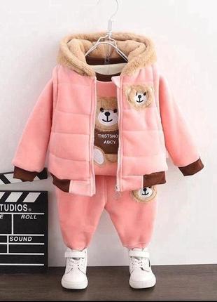 💦шикарний велюровий костюм-трійка з ведмедиком