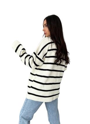 Женский удлиненный свитер, в полоску, оверсайз, белый6 фото
