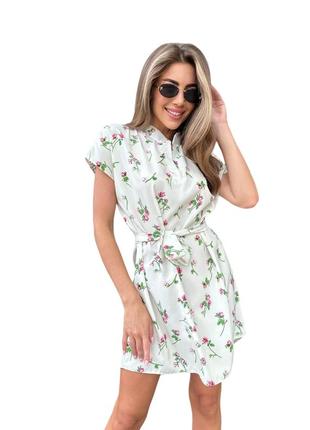 Женское приталенное летнее платье, белое 42-46,48-50 ткань софт, цветочный принт, из легкой ткани, изящное