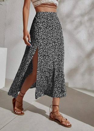 Женская юбка миди, цветочный принт, высокая посадка, черная1 фото