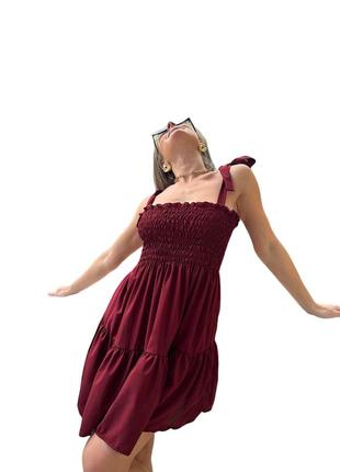 Женское платье-сарафан, 42-46, 48-52, марсала, ткань софт, легкое и приятное на ощупь, на резинке и завязках3 фото