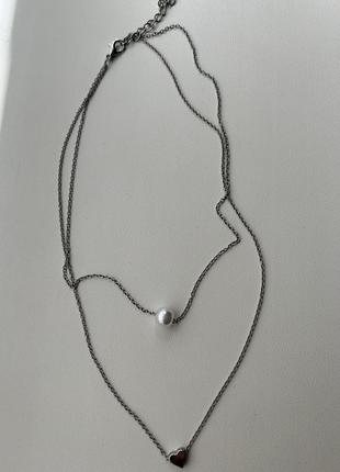Жіноче двошарове намисто з кулоном у вигляді серця, зі штучними перлами2 фото