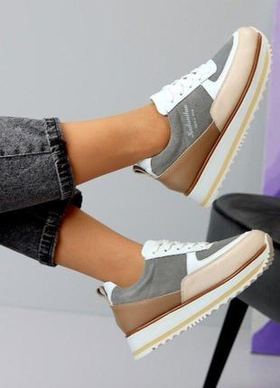 Женские кожаные кроссовки на платформе, натуральная кожа+замша8 фото