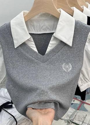 Блузка жіноча з жилеткою сіра суцільна  з вишивкою якісна стильна трендова