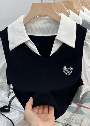 Блузка женская с жилеткой черная цельная с вышивкой качественная стильная трендовая1 фото