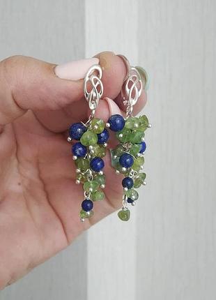 Серебряные серьги "хризолит и лазурит".