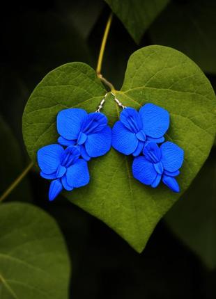 Большие серьги синие орхидеи ручной работы2 фото