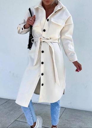 Пальто кашемировое женское молочное однотонное на пуговицах с карманами с поясом качественное стильное