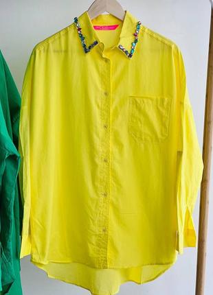 Рубашка женская желтая однотонная свободного кроя на пуговицах с карманом качественная, базовая туречина