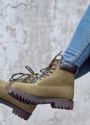 Зимові черевики timberland з натури хутром в кольорі хакі /осінь/зима/весна😍