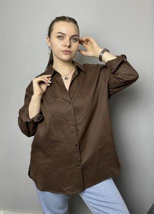 Блуза женская льняная базовая коричневая полубатал modna kazka mktrg3579-4