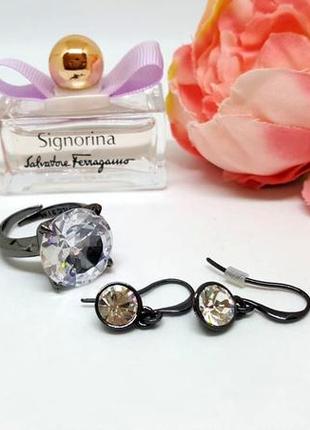 Набор: кольцо и серьги со сверкающими кристаллами и гематитовым покрытием дания pilgrim
