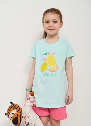 Пижама детская на девочку с шортиками лимоны размеры 5-6, 7-8, 9-10