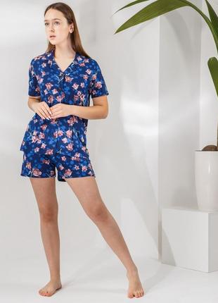 Жіноча піжама темно-синя з квітами 90388 розмір s, m, l, xl