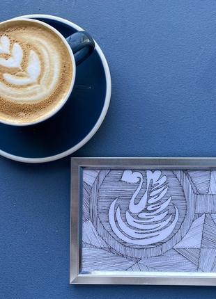 Картина рисунок графика чашка кофе латте арт в серебристой рамке @don.bacon3 фото