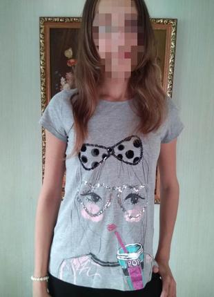 Стильная серая футболка marks & spencer на девочку 12-13 лет в пайетку нарядная блуза4 фото