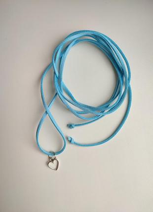 Чокер шнурок, шнур, голубой, сердце, серебристый, на шею, для нее, базовый, стильный, колье, ожерелье
