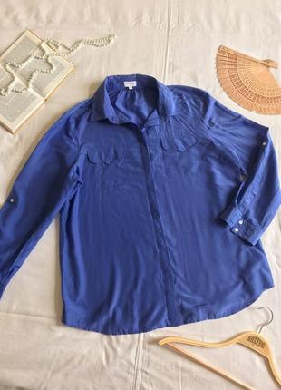 Классическая синяя рубашка-блуза из хлопка и шелка (размер 44-46)