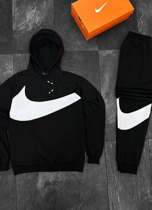 Осенний чёрный спортивный костюм комплект nike big swoosh с капюшоном чорний чоловічий костюм найк nike big swoosh