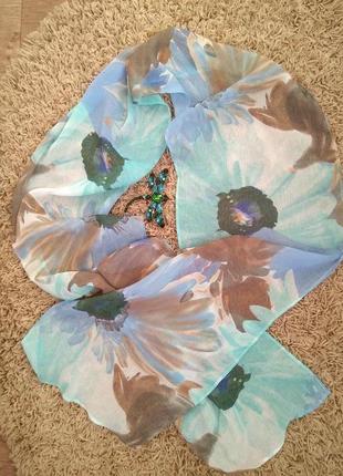 Изысканный бирюзово голубой шарф платок принт цветы3 фото