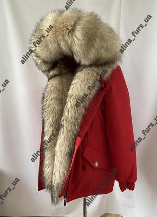 Красная парка с натуральным мехом енота, красная зимняя куртка с натуральным мехом енота,42-60 р.р.4 фото