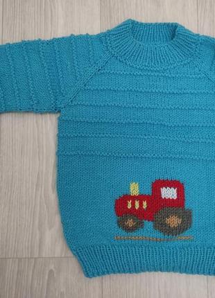 Детский вязаный голубой пуловер свитер с вышитым трактором для мальчика