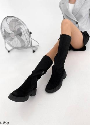 Сапоги ботинки деми натуральная замша стрейч черный6 фото