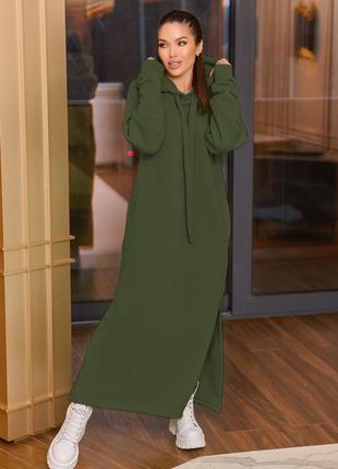 Платье макси теплое прямого свободного силуета с капюшоном на завязке рукав длинный манжет боковые карманы разрезы ткань трехнить2 фото