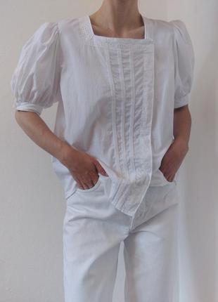 Винтажная хлопковая блуза белая блузка коттон рубашка белая винтаж блуза короткий рукав рубашка хлопка блуза