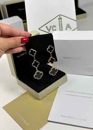 Серьги висюльки серебро три черных цветка клевер на цепочке брендовые в стиле van cleef люкс