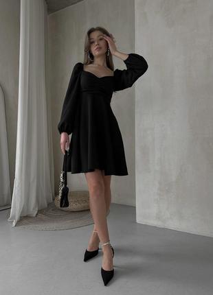 Женское короткое платье черное молочное белое с рукавом на осень нарядное7 фото