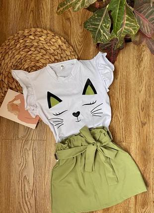 Костюм футболка и юбка зеленый белый 3-4 года 60 размер котик