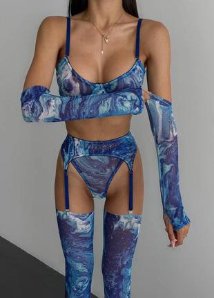 Эротическое белье, комплект белья бюстгальтер стринги чулки пояс для чулок перчатки