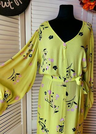 Платье миди длинное лимонно салатовый цвет в цветочный принт s-m9 фото