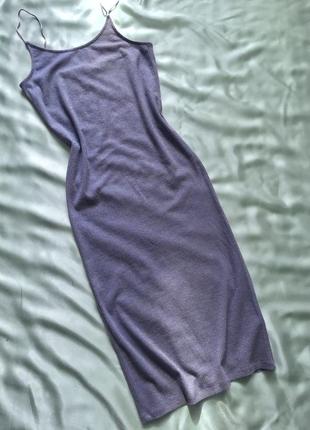 Сиреневое платье-миди в рубчик с люрексом1 фото